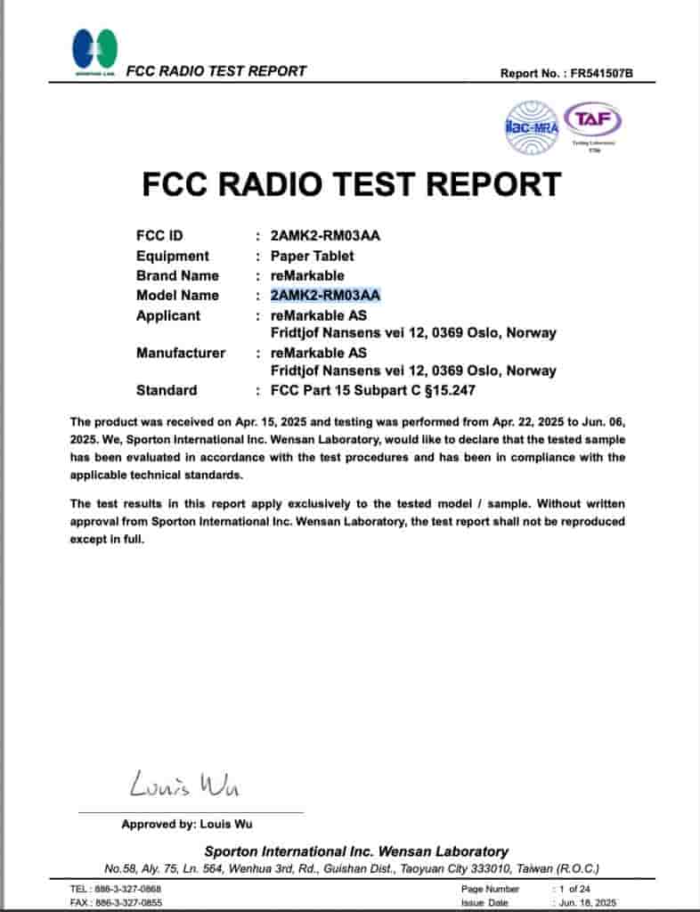 New reMarkable Paper Tablet (2AMK2-RM03AA) - FCC Certification (1)