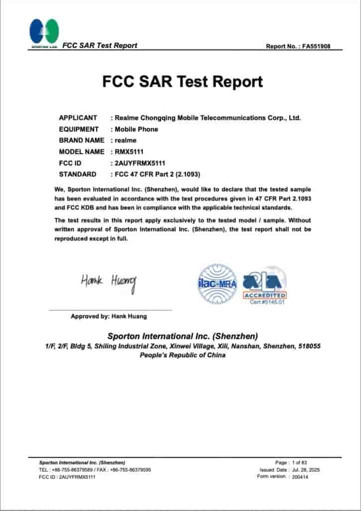 Realme 15T 5G (RMX5111) - FCC Certification (1)