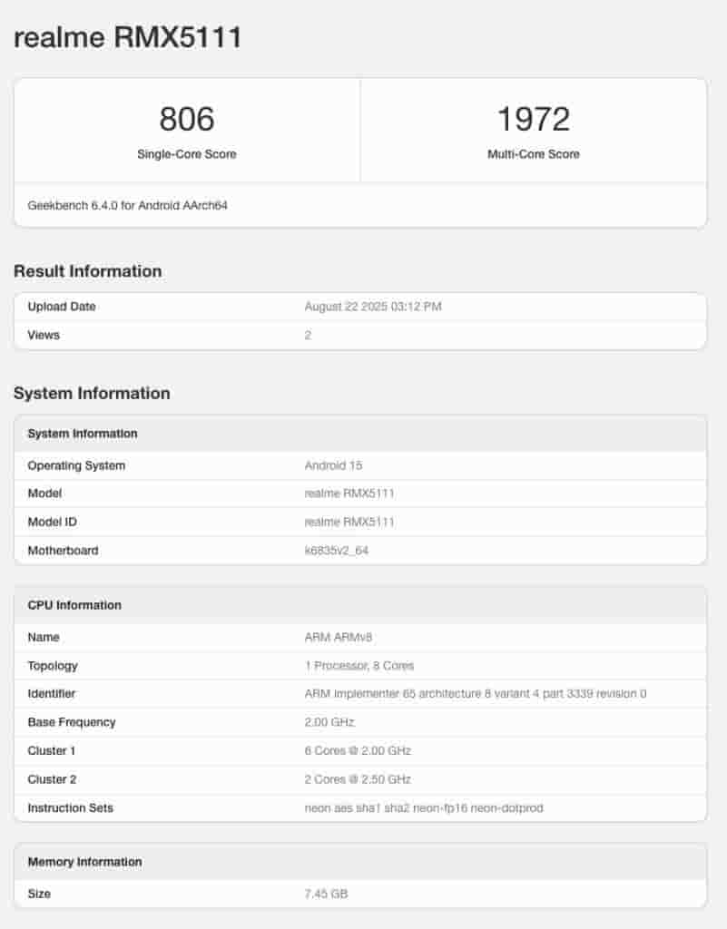 Realme 15T 5G (RMX5111) - Geekbench Listing (1)