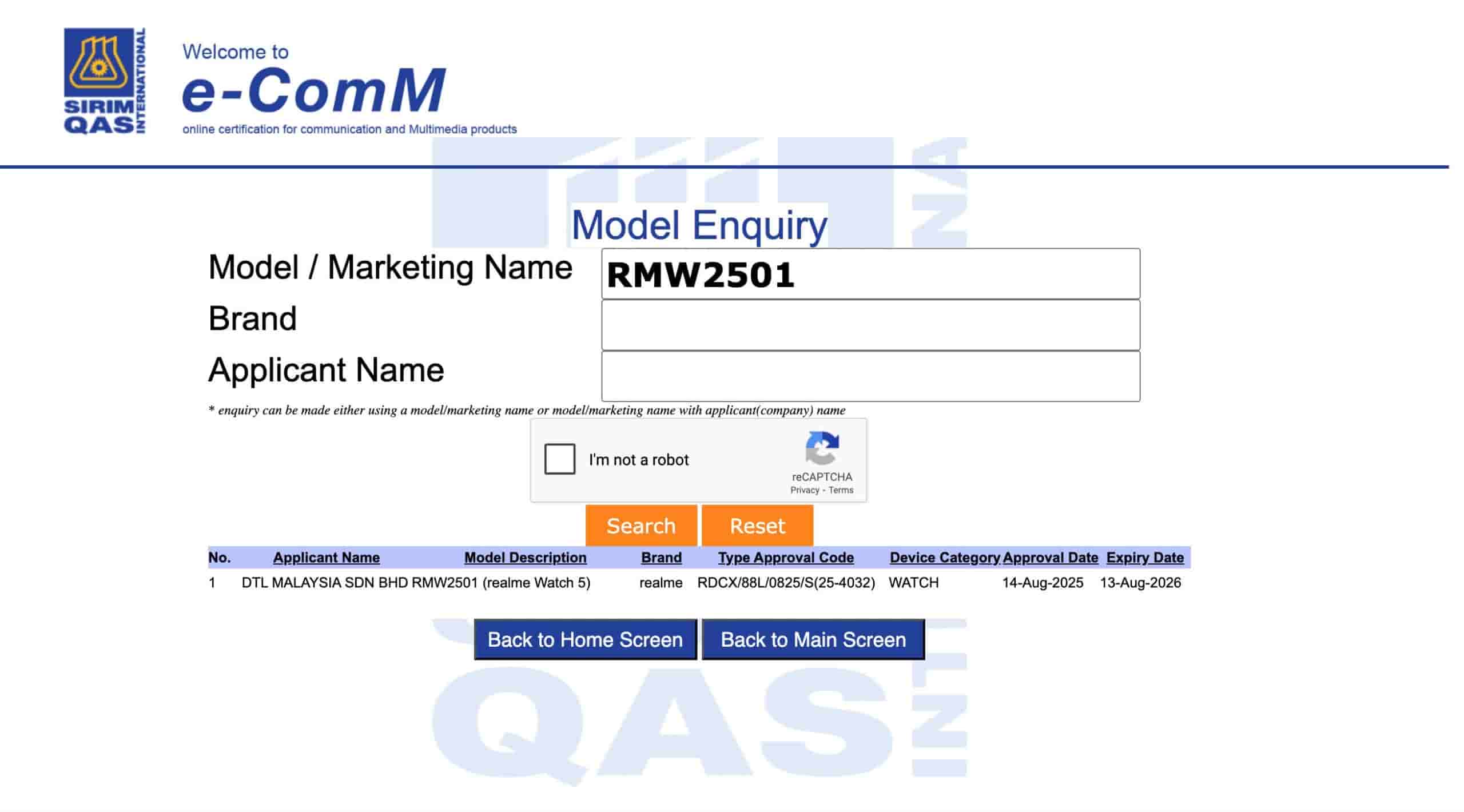 Realme Watch 5 (RMW2501) - SIRIM Certification