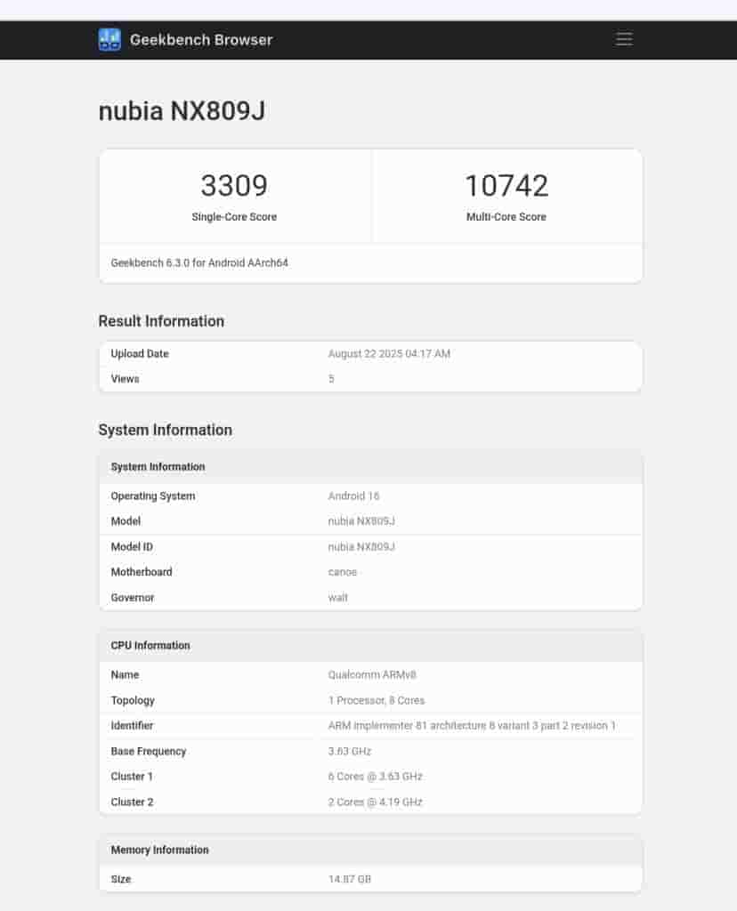 RedMagic 'NX809J' - Geekbench Listing (1)