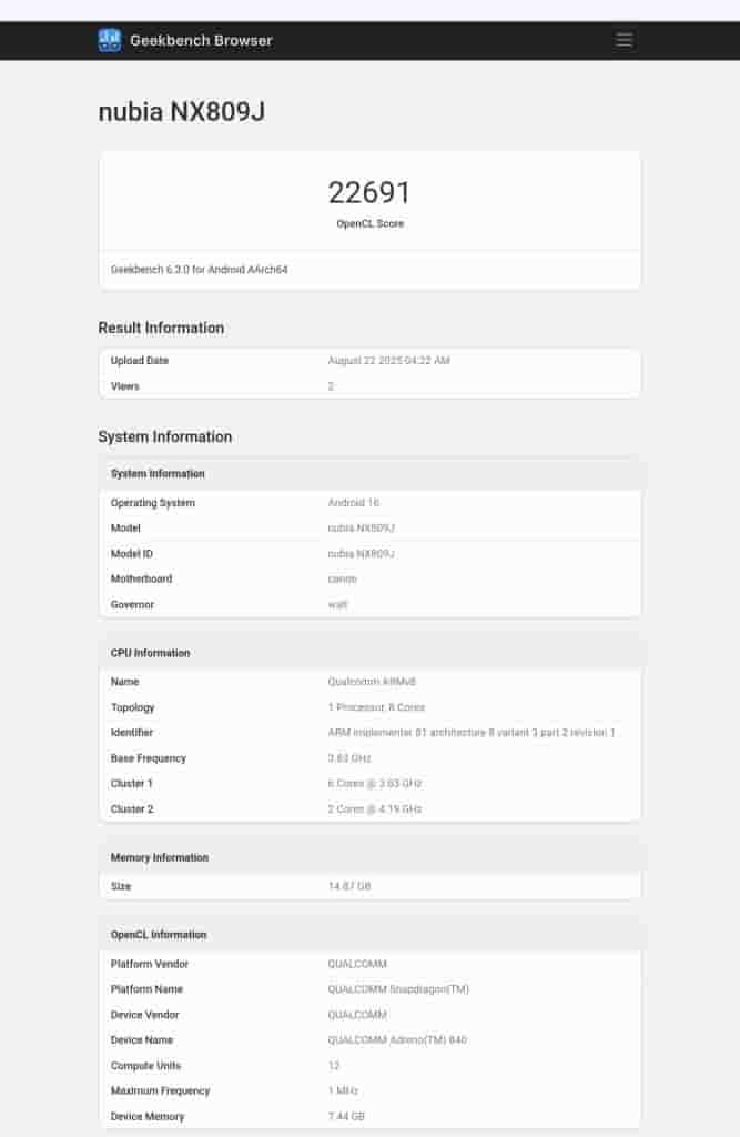 RedMagic 'NX809J' - Geekbench Listing (2)