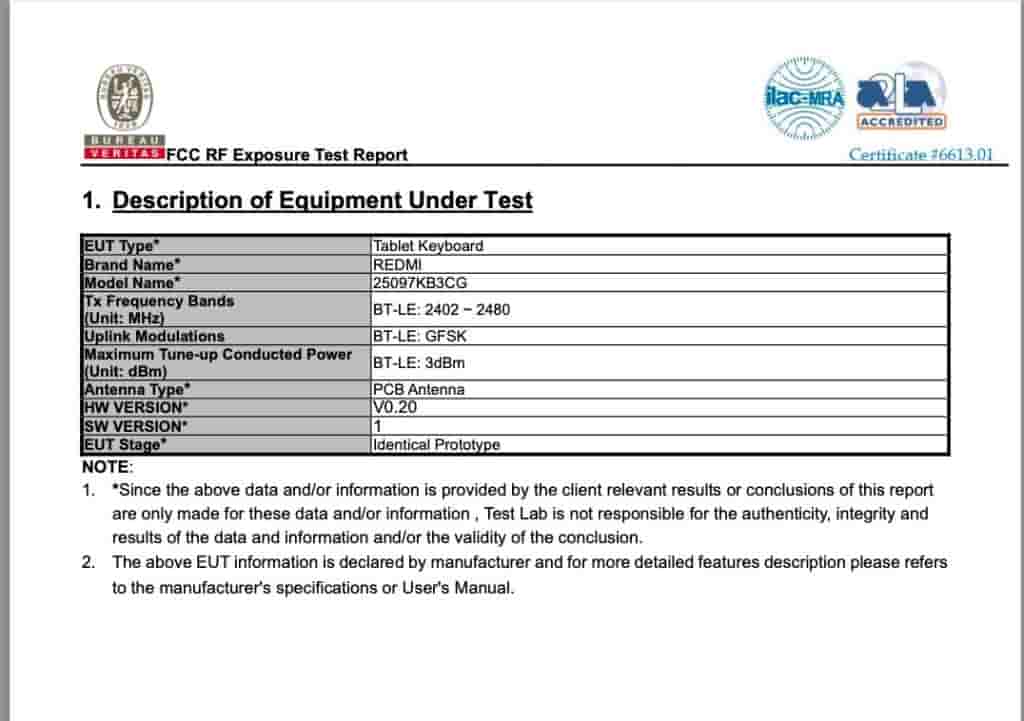 Redmi '25097KB3CG' Tablet Keyboard - FCC Certification (2)