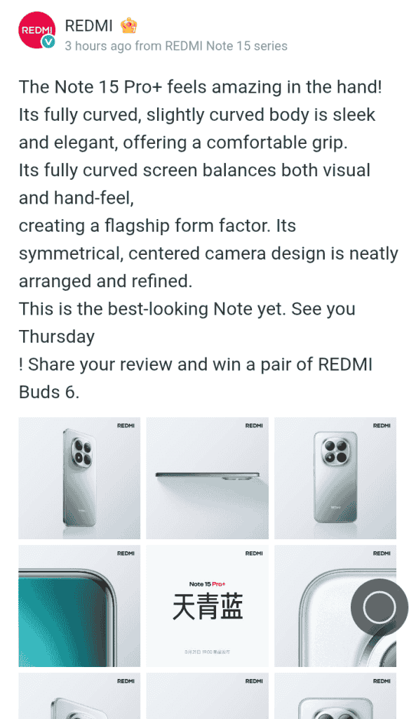 Redmi Note 15 Pro+ (Azure Blue) - Image (Weibo Post)