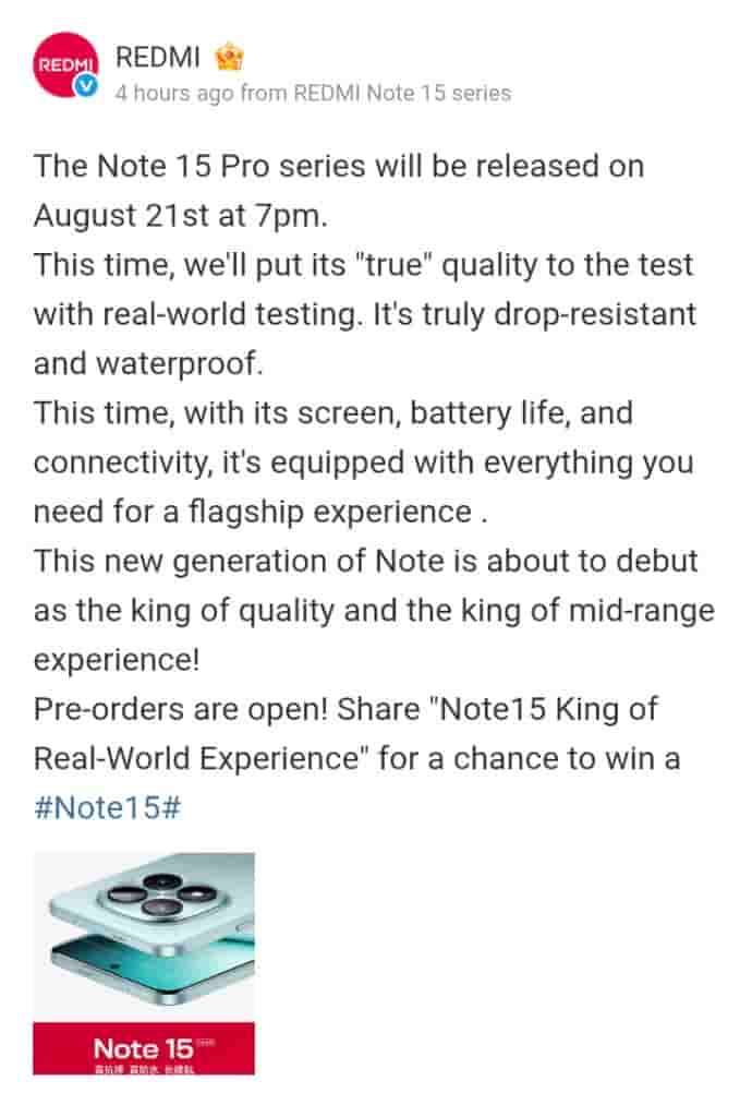 Redmi Note 15 Pro Series - Drop Resistant, Waterproof, and Flagship Screen, Battery Life, and Connectivity (Weibo Post)