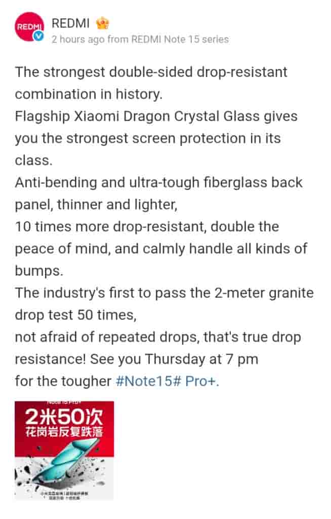 Redmi Note 15 Pro Series - Flagship Xiaomi Dragon Crystal Glass + Anti-Bending and Ultra-Tough Fiberglass Back Panel (Weibo Post)