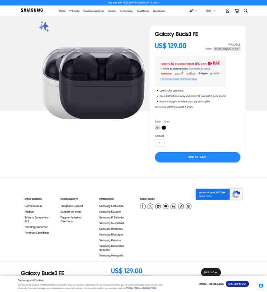 Samsung Galaxy Buds 3 FE - Product Page Listed on Brand's Latin Official Website