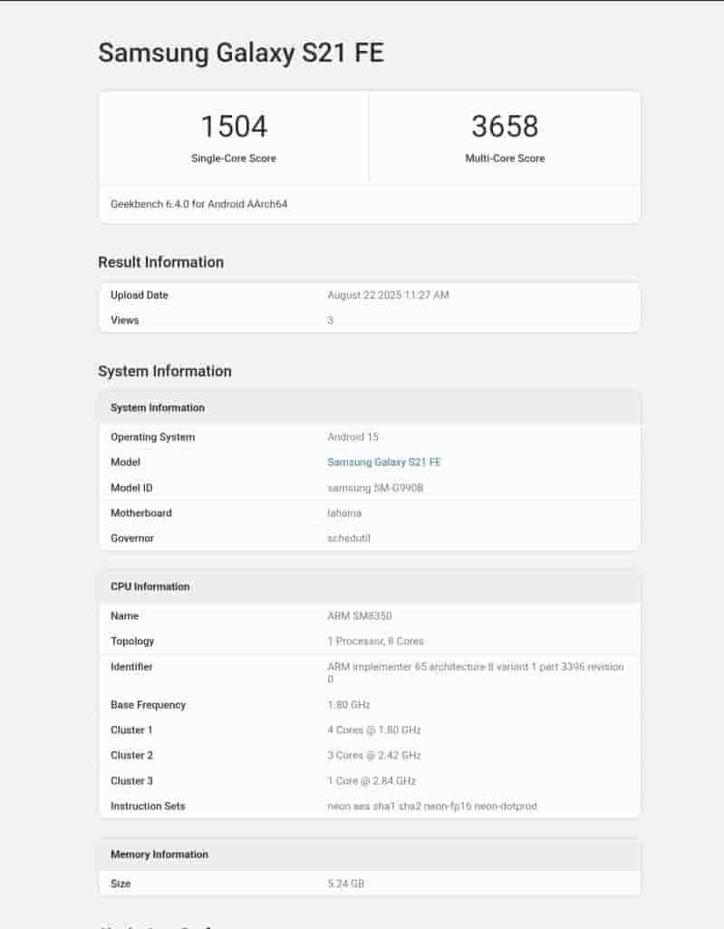 Samsung Galaxy S21 FE Running on Android 15 Based One UI 7 - Geekbench Listing