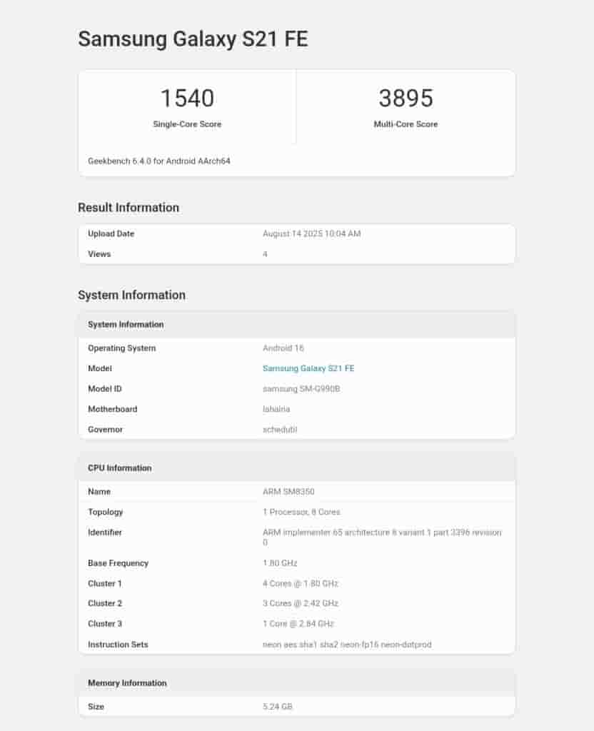 Samsung Galaxy S21 FE Running on Android 16 Based One UI 8 - Geekbench Listing