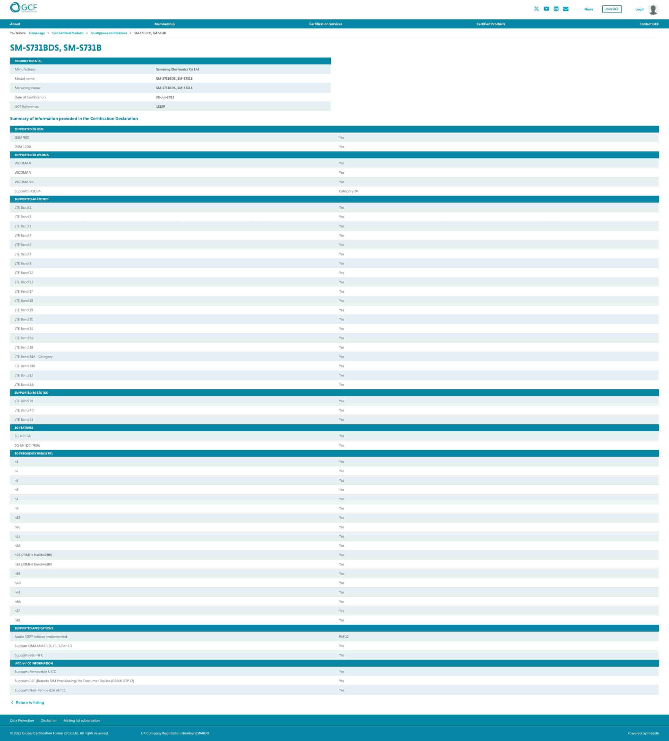Samsung Galaxy S25 FE - GCF Certification