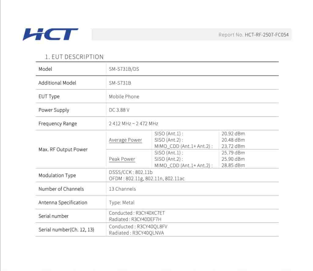 Samsung Galaxy S25 FE (SM-S731B/DS, SM-S731B) - FCC Certification (2)