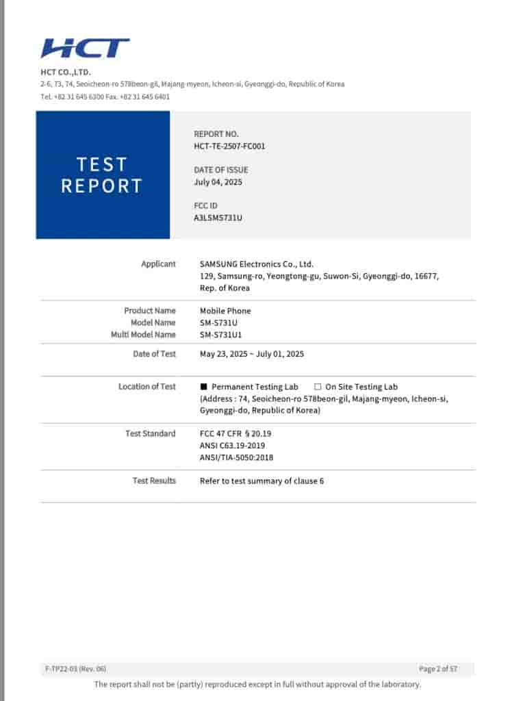 Samsung Galaxy S25 FE (SM-S731U, SM-S731U1) - FCC Certification (2)