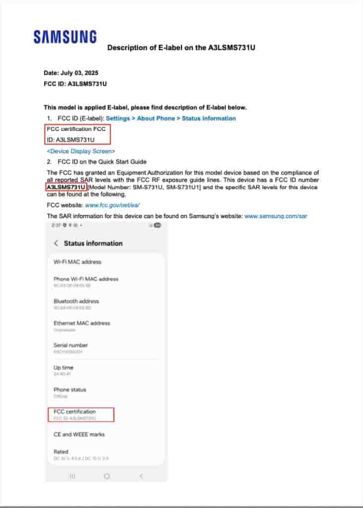 Samsung Galaxy S25 FE (SM-S731U, SM-S731U1) - FCC Certification
