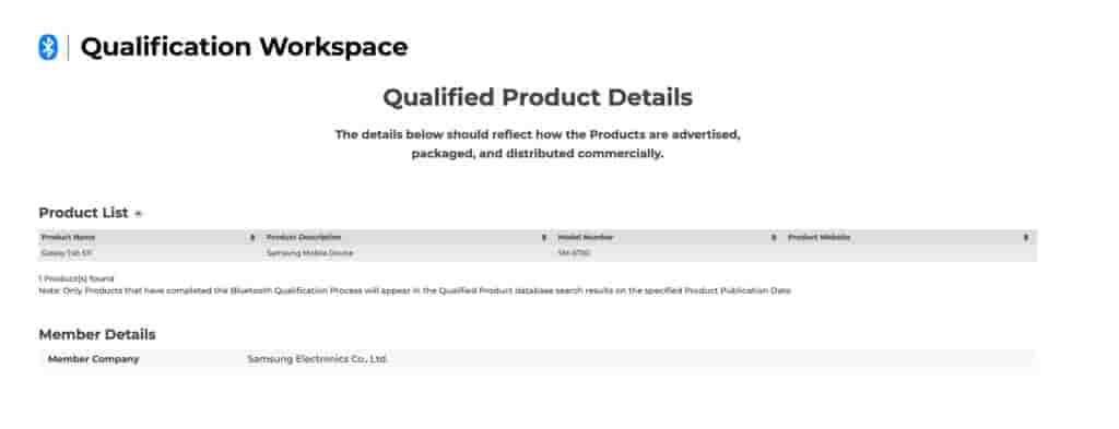 Samsung Galaxy Tab S11 (WiFi-Only Variant) - Bluetooth SIG Certification