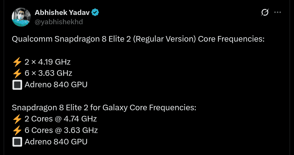 Qualcomm Snapdragon 8 Elite 2 Regular and Galaxy Versions - Frequencies Tipped