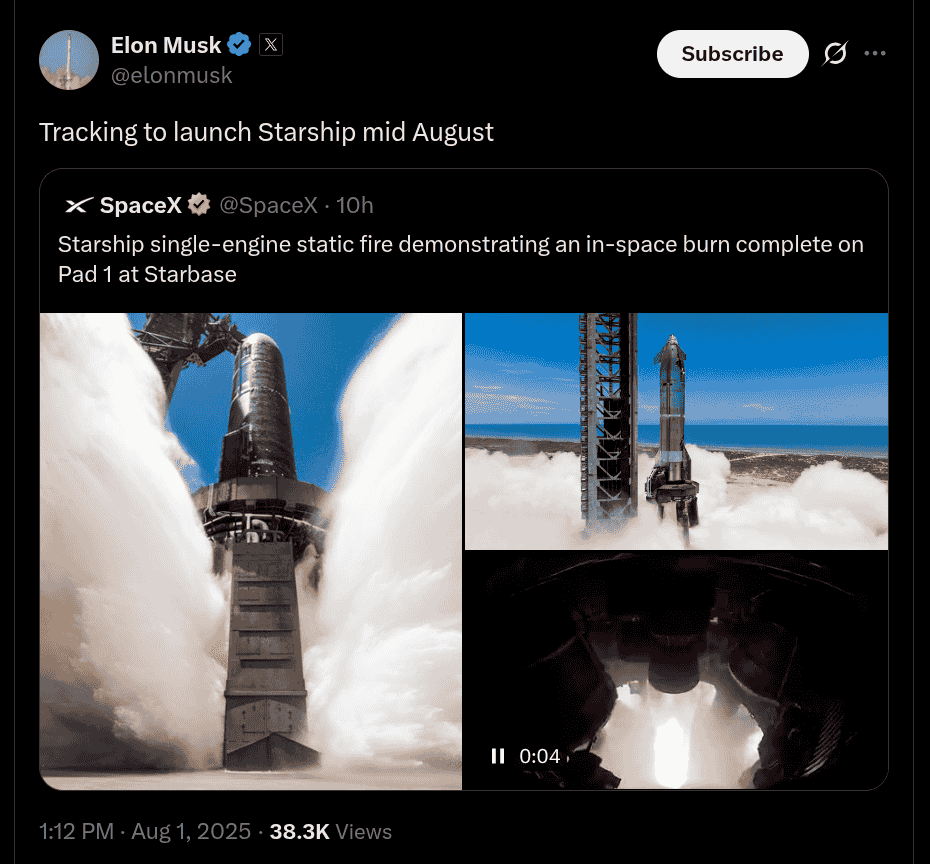 SpaceX Targeting to Launch Starship in Mid-August 2025 - X Post