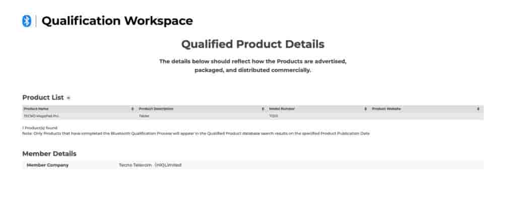 Tecno MegaPad Pro (T1201) - Bluetooth SIG Certification
