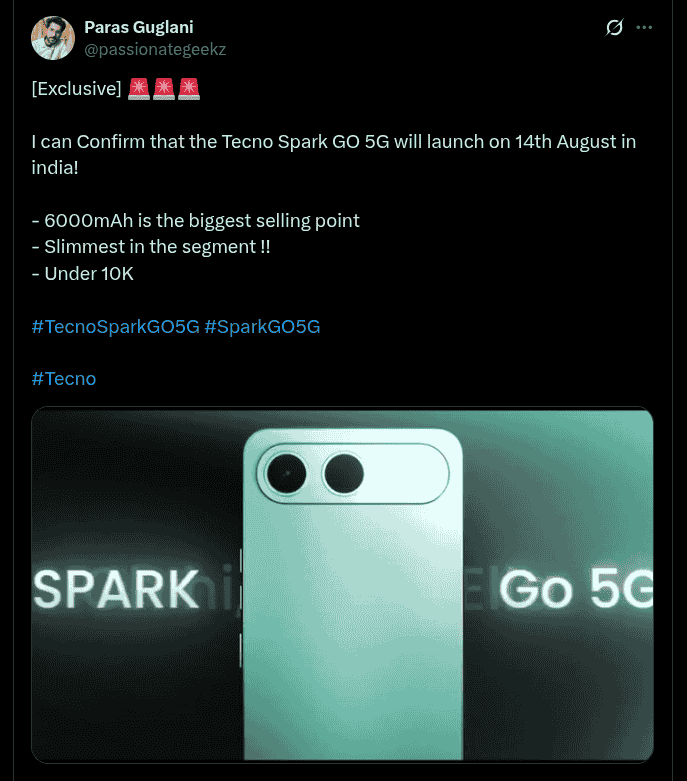 Tecno Spark GO 5G - Tipped Details (X Post)