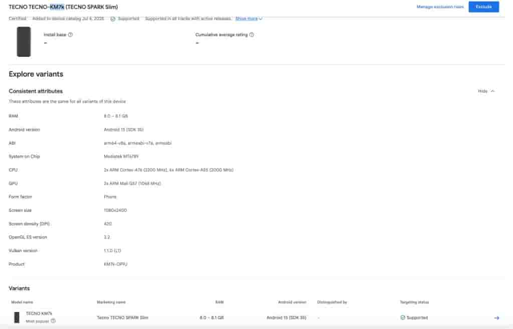 Tecno Spark Slim (KM7k) - Google Play Console Listing