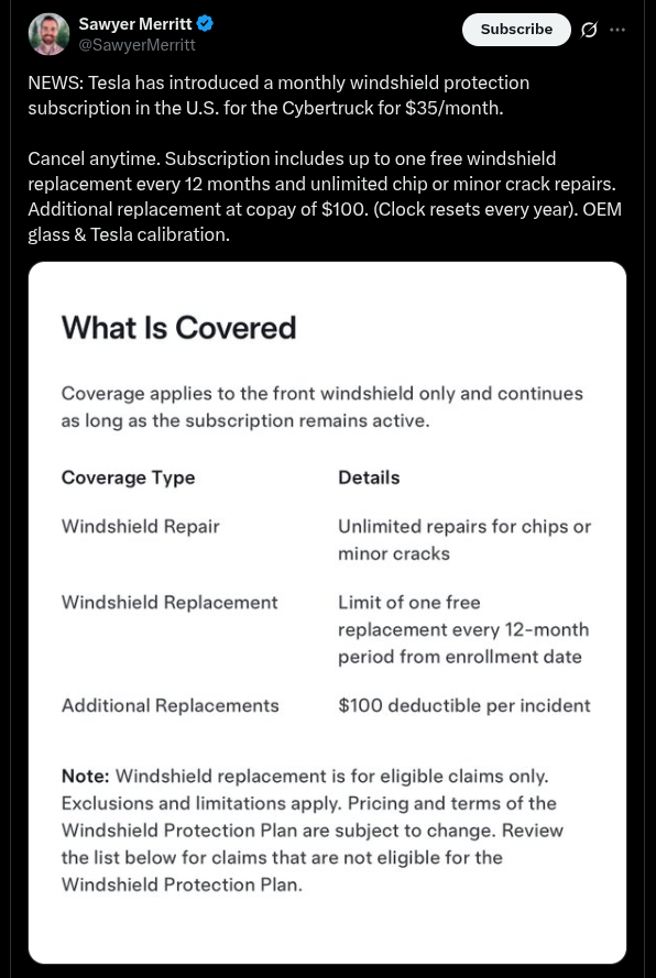 Tesla Cybertruck - Monthly Windshield Protection Subscription for USD 35 (X Post)
