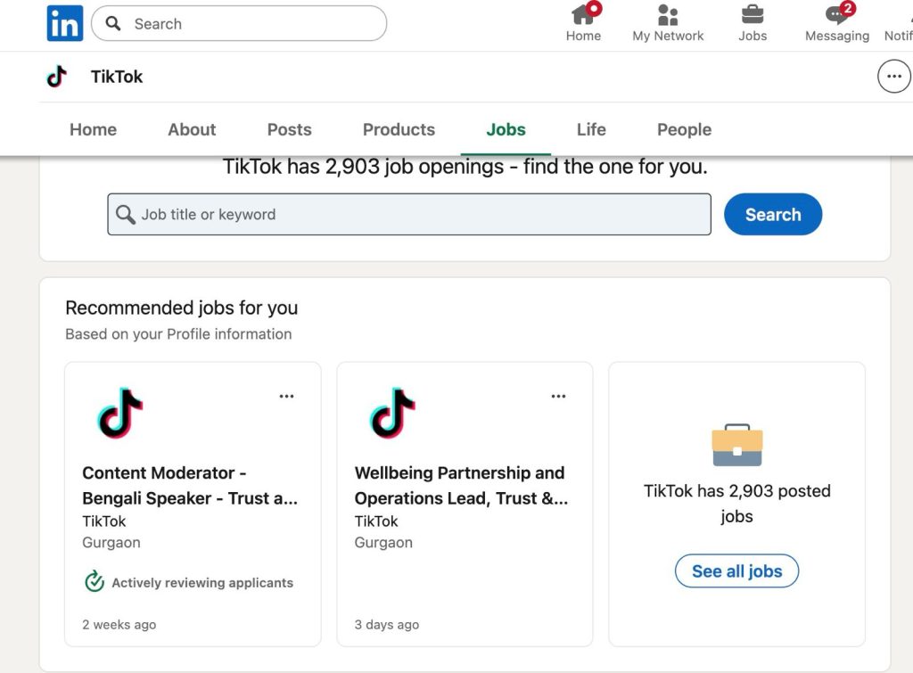 TikTok - Starts Hiring in India (LinkedIN Job Post)