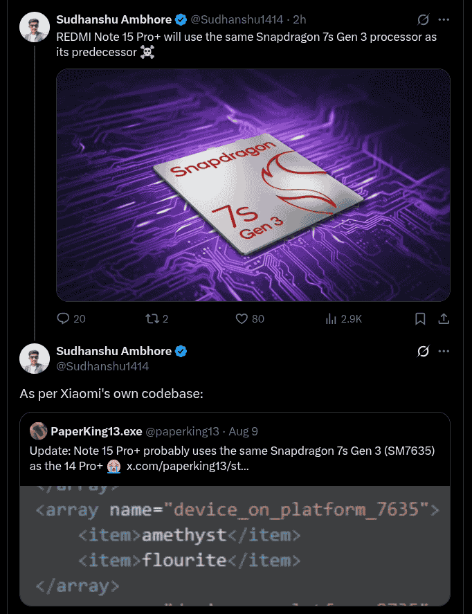 Upcoming Redmi Note 15 Pro+ Revealed to Use the Same Snapdragon 7s Gen 3 Chip as Per Xiaomi Codebase - X Post