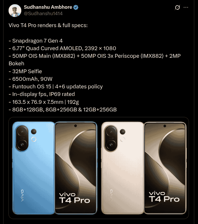 Vivo T4 Pro - Specs and Renders Tipped
