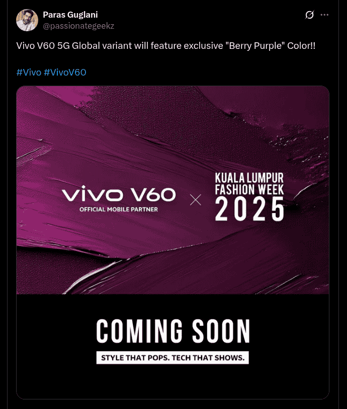 Vivo V60 5G Global Variant Revealed to Feature an Exclusive'Berry Purple' Color Choice - X Post