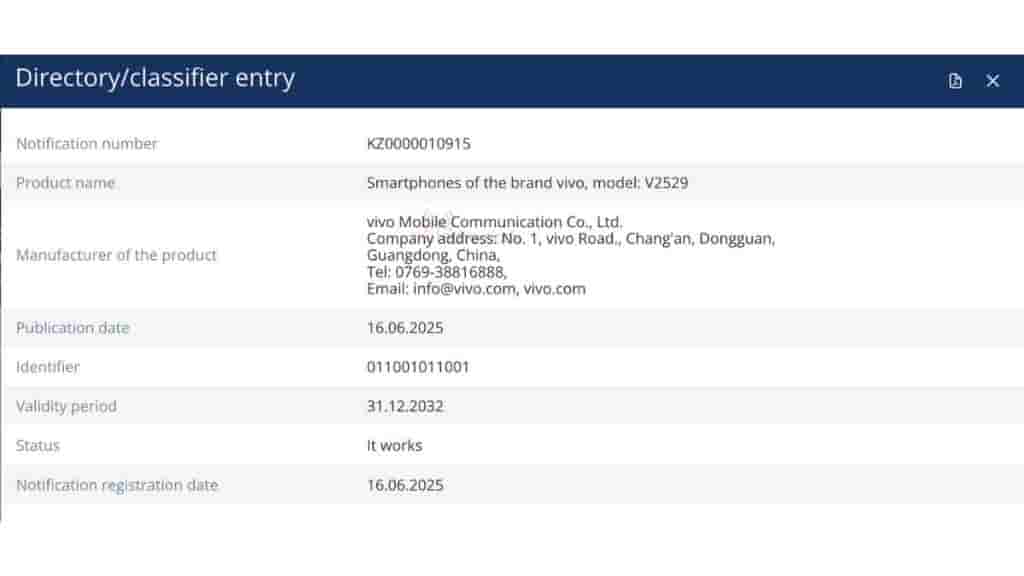 Vivo V60 Lite 5G (V2529) - EEC Certification