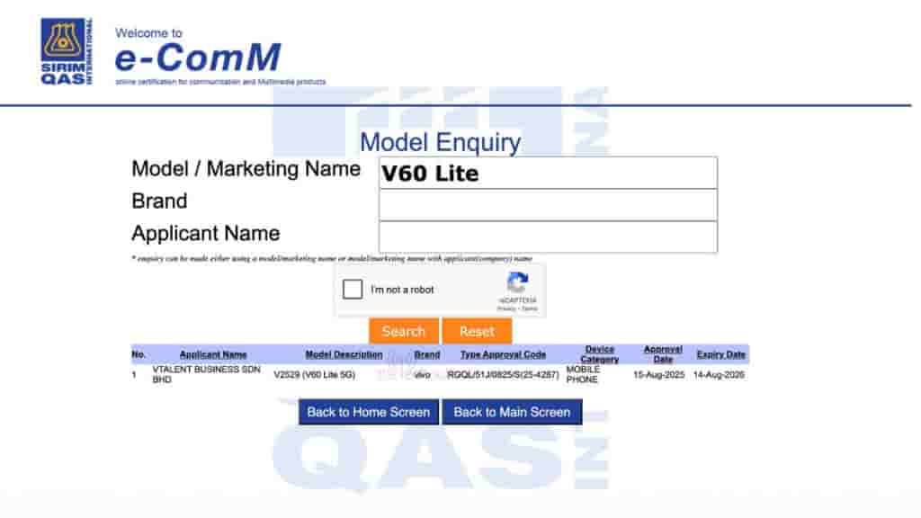Vivo V60 Lite 5G (V2529) - SIRIM Certification