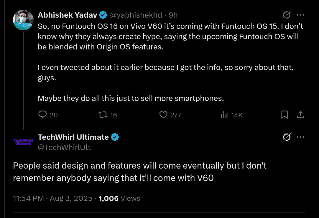 Vivo V60 to Come With Funtouch OS 15, No Funtouch OS 16 - X Post