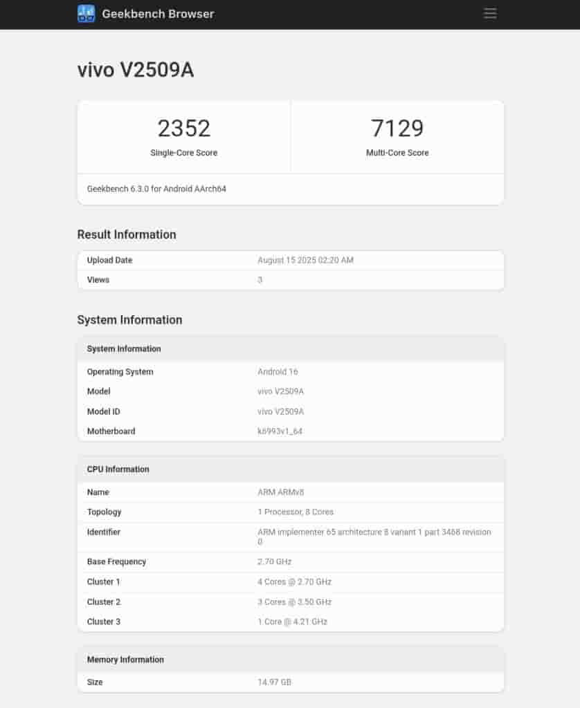 Vivo X300 'V2509A' - Geekbench Listing (1)
