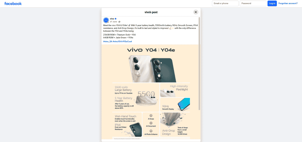 Vivo Y04 and Y04e - Facebook Post