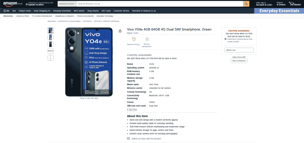 Vivo Y04e - Amazon Listing
