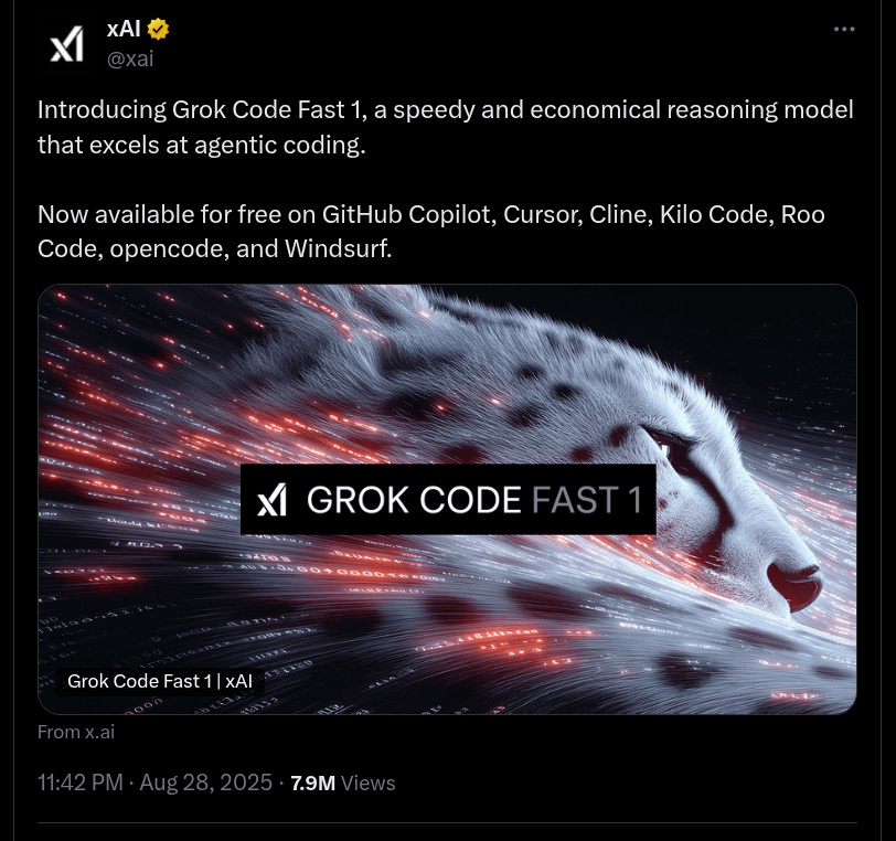 xAI Introduces Grok Code Fast 1 - X Post