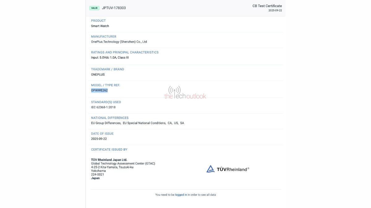 New OnePlus Watch - TUV Rheinland Certification