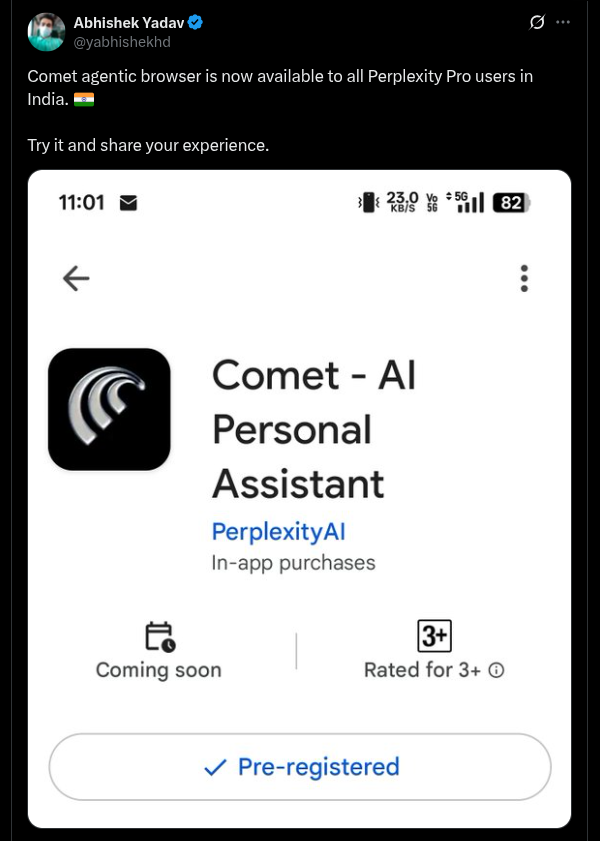 Comet Agentic Browser Now Available in India to All Perplexity Pro Users - X Post