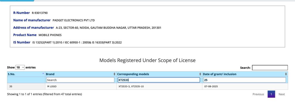 Motorola'XT2533-3' and'XT2535-10' Smartphone Models - BIS Certification