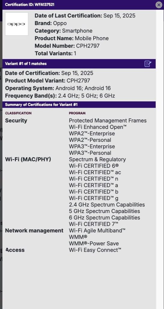 OPPO 'CPH2797' - WiFi Alliance Certification