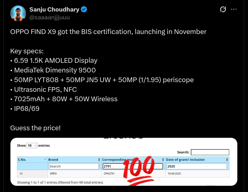 OPPO Find X9 ('CPH2791') - BIS Certification