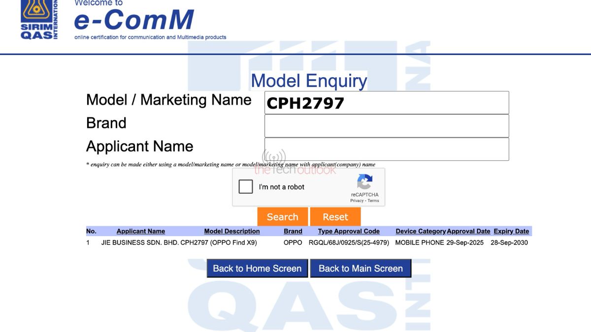 OPPO Find X9 (CPH2797) - SIRIM Certification