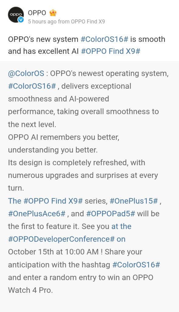 OPPO Find X9 Series x ColorOS 16 - Weibo Post (2)