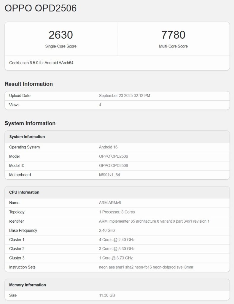 OPPO Pad 5 (OPD2506) - Geekbench Listing