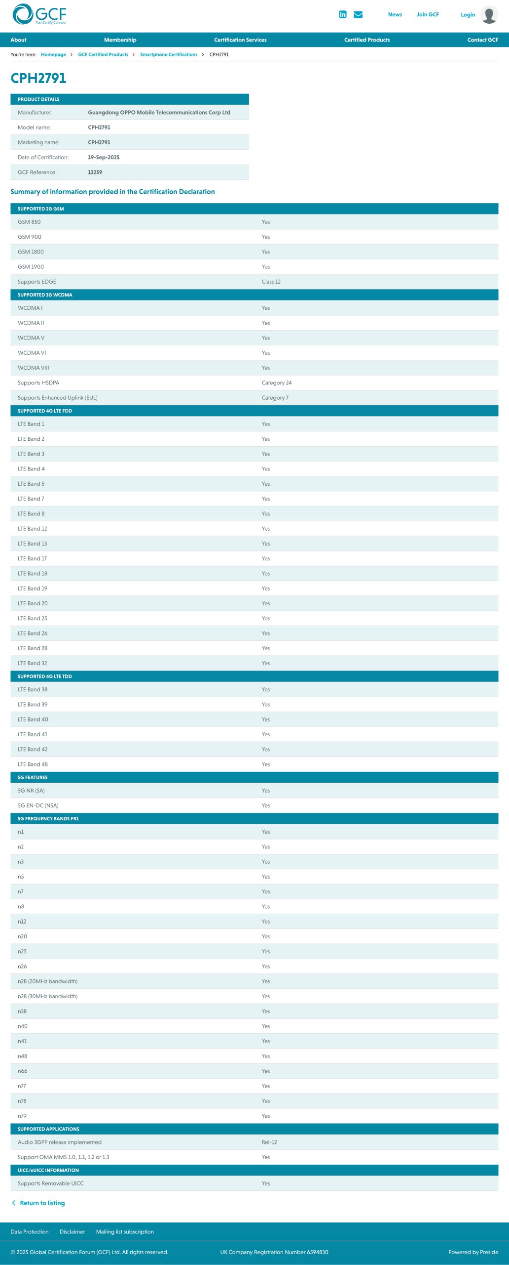 OPPO Find X9 Global Variant - GCF Certification