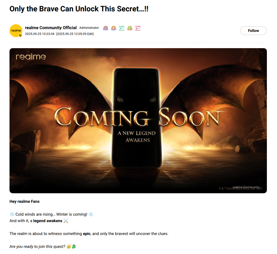 Realme 15 Pro 5G Game of Thrones Editions Teased for Global and Indian Markets - Realme Community Post