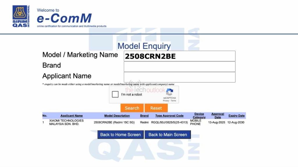 Redmi 15C 5G (2508CRN2BE) - SIRIM Certification