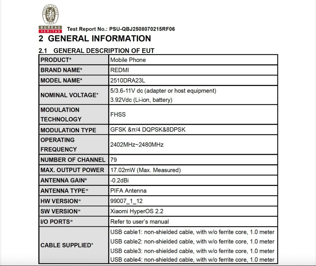 Redmi 4G Smartphone ('2510DRA23L') - FCC Listing