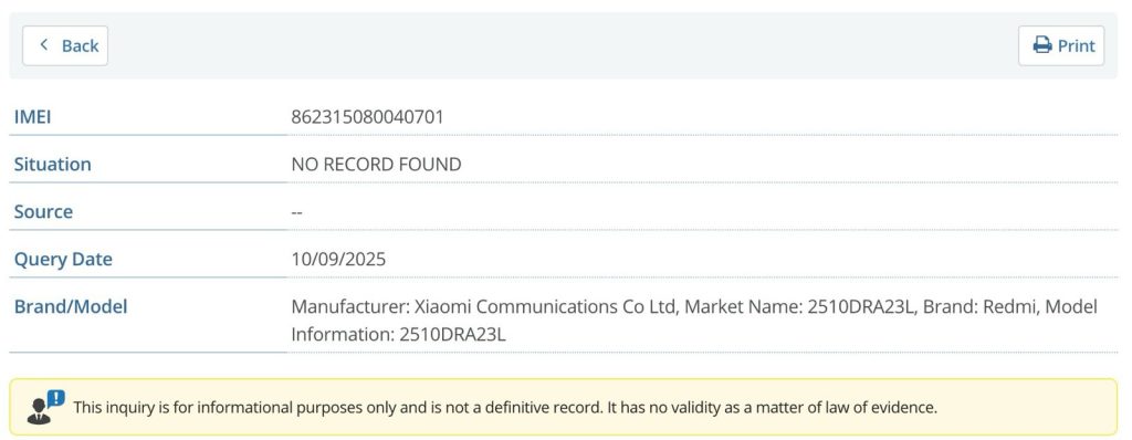 Redmi 4G Smartphone ('2510DRA23L') - IMEI Listing