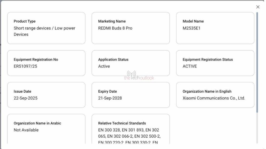 Redmi Buds 8 Pro (M2535E1) - TDRA Certification