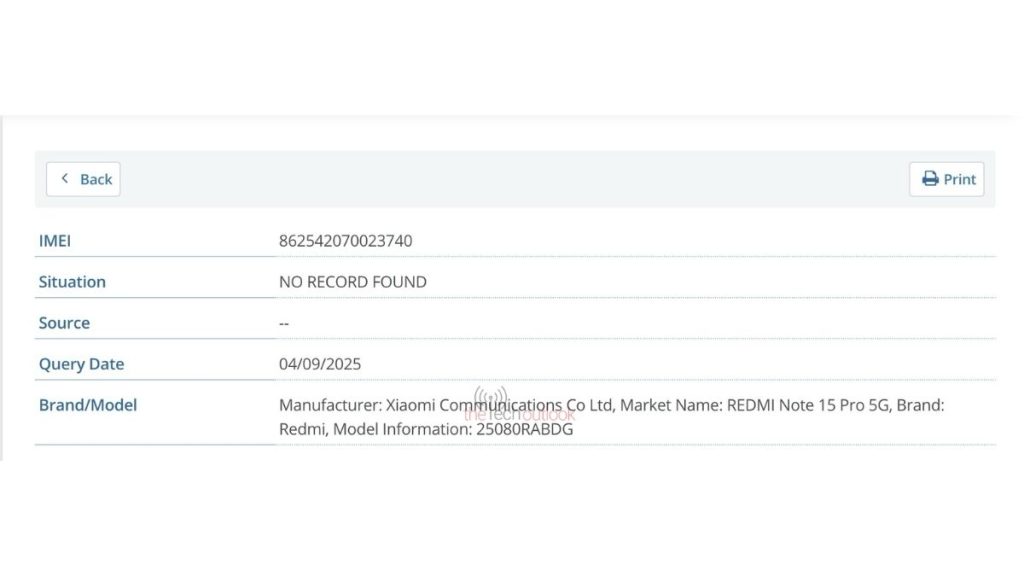 Redmi Note 15 Pro 5G (25080RABDG) - IMEI Listing